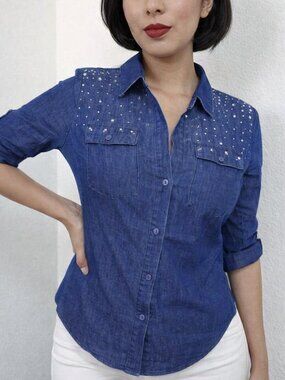 Women Rhinestone Embellished Button-Down Chambray Top/Demi Shirt
